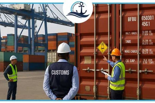 Customs officers inspecting dangerous goods containers at Jebel Ali Port in Dubai – safe and compliant hazardous cargo clearance by Anil Darya Shipping.