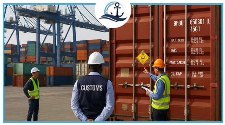 Customs officers inspecting dangerous goods containers at Jebel Ali Port in Dubai – safe and compliant hazardous cargo clearance by Anil Darya Shipping.