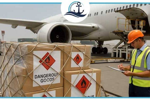 Dangerous goods cargo being inspected and loaded onto a cargo airplane at Dubai Airport under strict safety compliance.