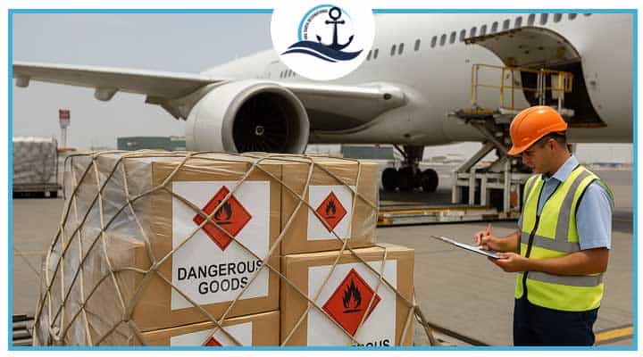 Dangerous goods cargo being inspected and loaded onto a cargo airplane at Dubai Airport under strict safety compliance.