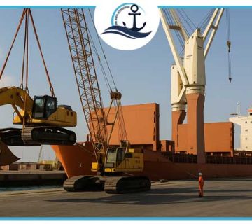 Break bulk cargo operation at Jebel Ali Port showing a crane lifting a large yellow excavator onto a cargo vessel under clear blue skies.
