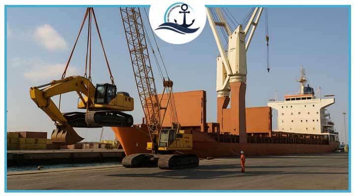 Break bulk cargo operation at Jebel Ali Port showing a crane lifting a large yellow excavator onto a cargo vessel under clear blue skies.