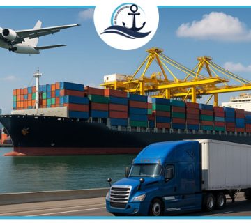 Dubai door-to-door freight illustration showing container ship, cargo airplane, and truck — representing multimodal sea, air, and land logistics by Anil Darya Shipping.