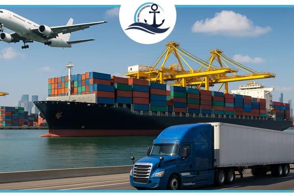 Dubai door-to-door freight illustration showing container ship, cargo airplane, and truck — representing multimodal sea, air, and land logistics by Anil Darya Shipping.