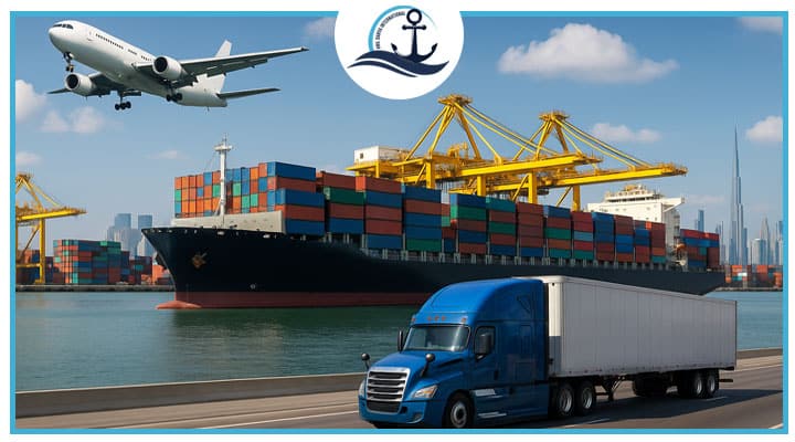 Dubai door-to-door freight illustration showing container ship, cargo airplane, and truck — representing multimodal sea, air, and land logistics by Anil Darya Shipping.
