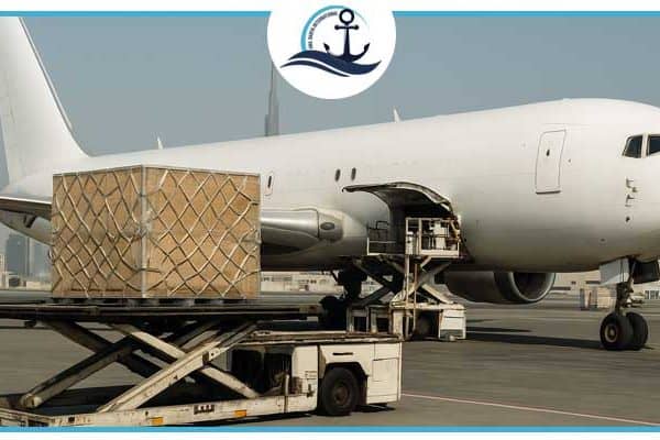 Eco-friendly air freight plane loading cargo at Dubai airport with sustainable logistics theme