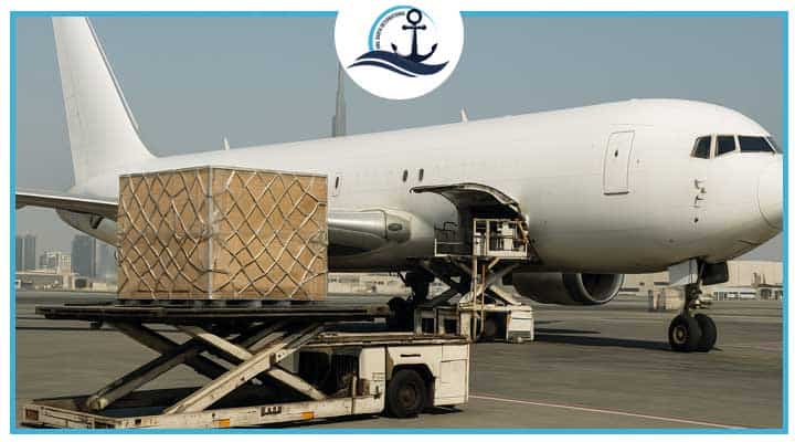 Eco-friendly air freight plane loading cargo at Dubai airport with sustainable logistics theme